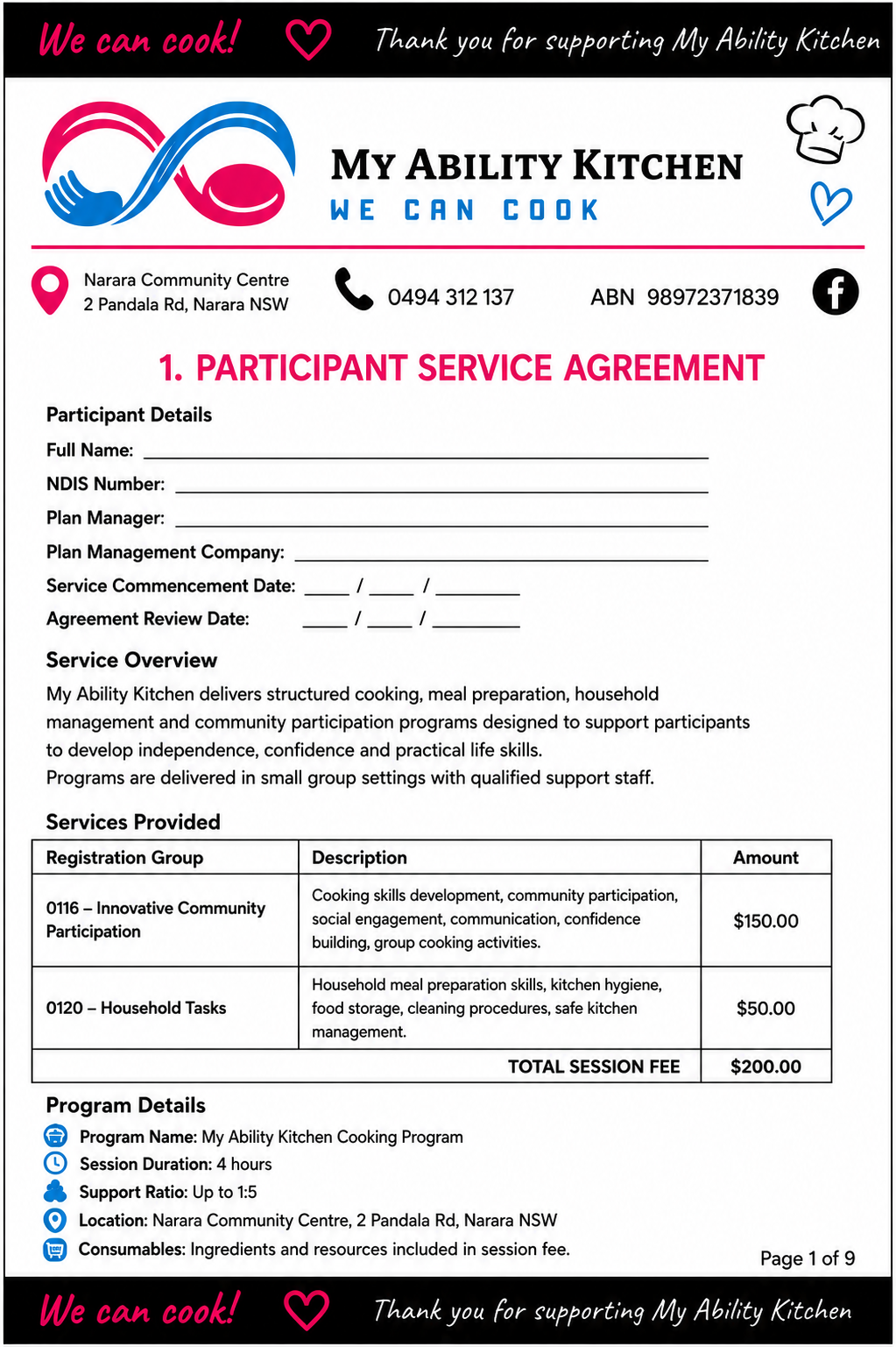 Participant Service Agreement preview