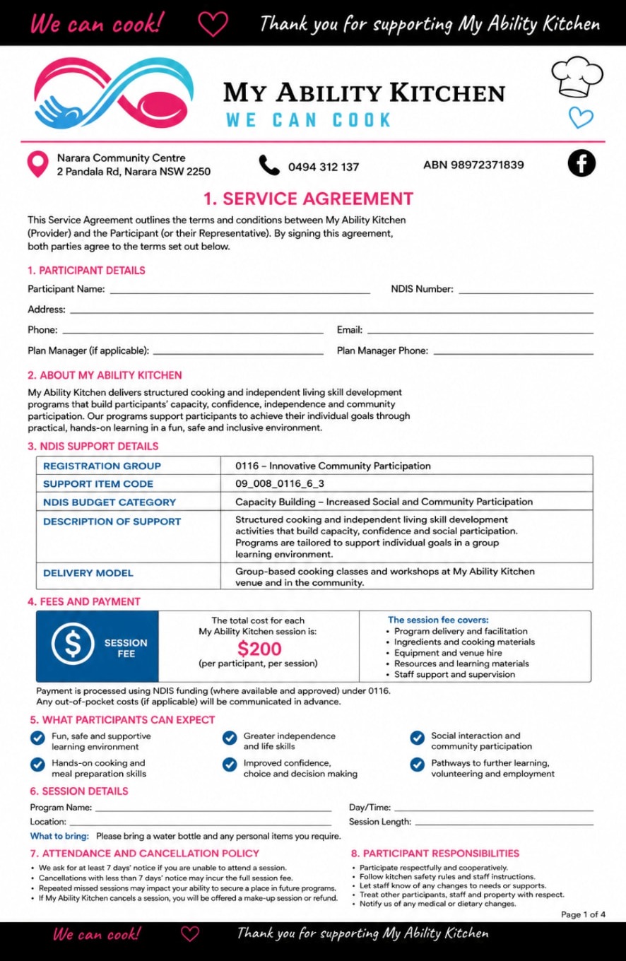 Participant Service Agreement preview